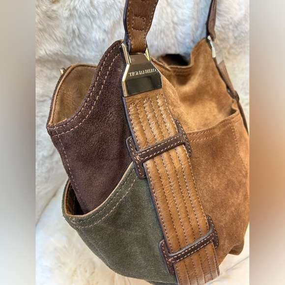Tignanello brown suede leather colorblock shoulder bag purse w magnetic snap.  H - Picture 4 of 12